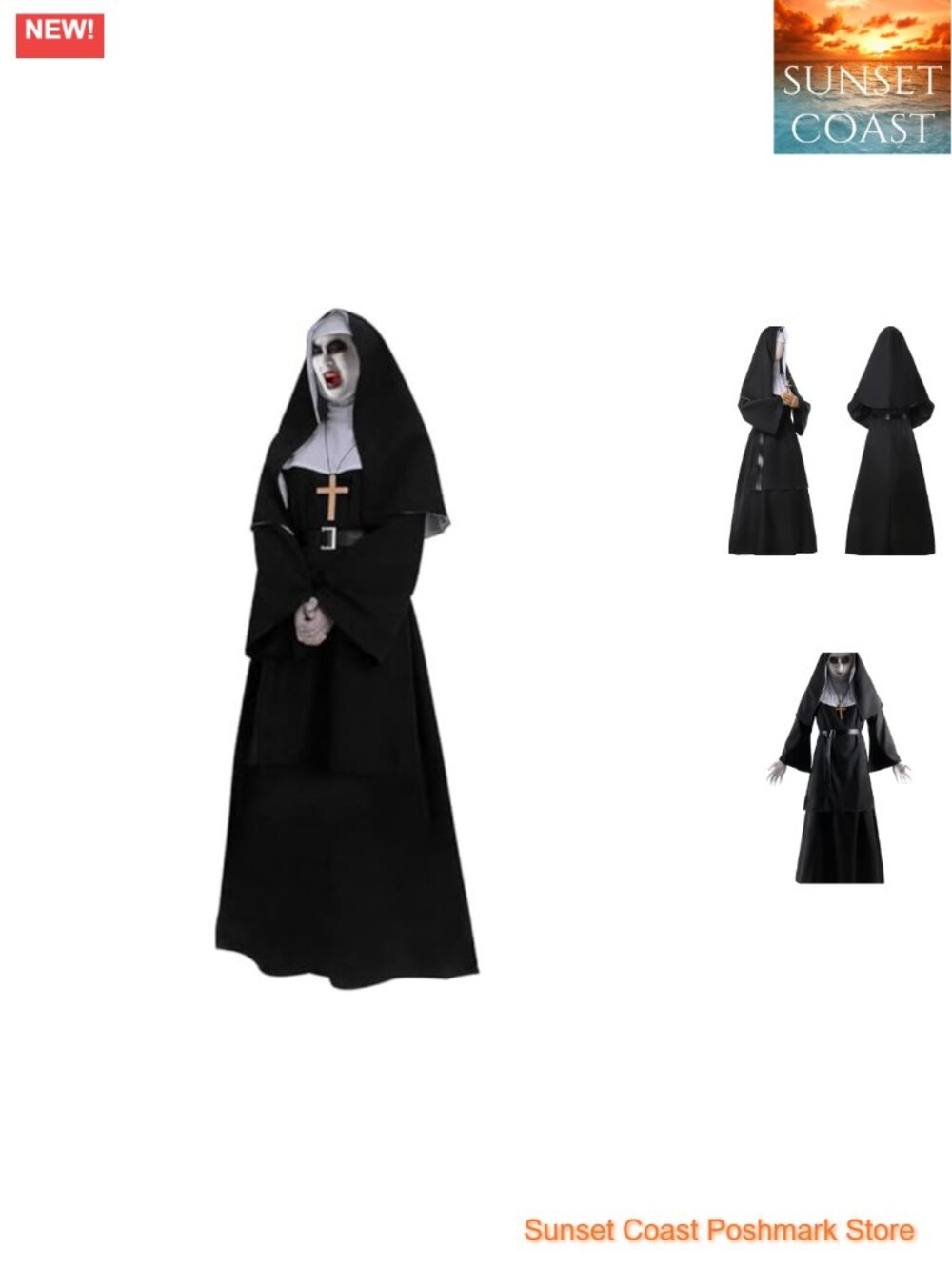 Unisex Nun Costume Robe Headpiece Belt Cross Necklace Plus Size